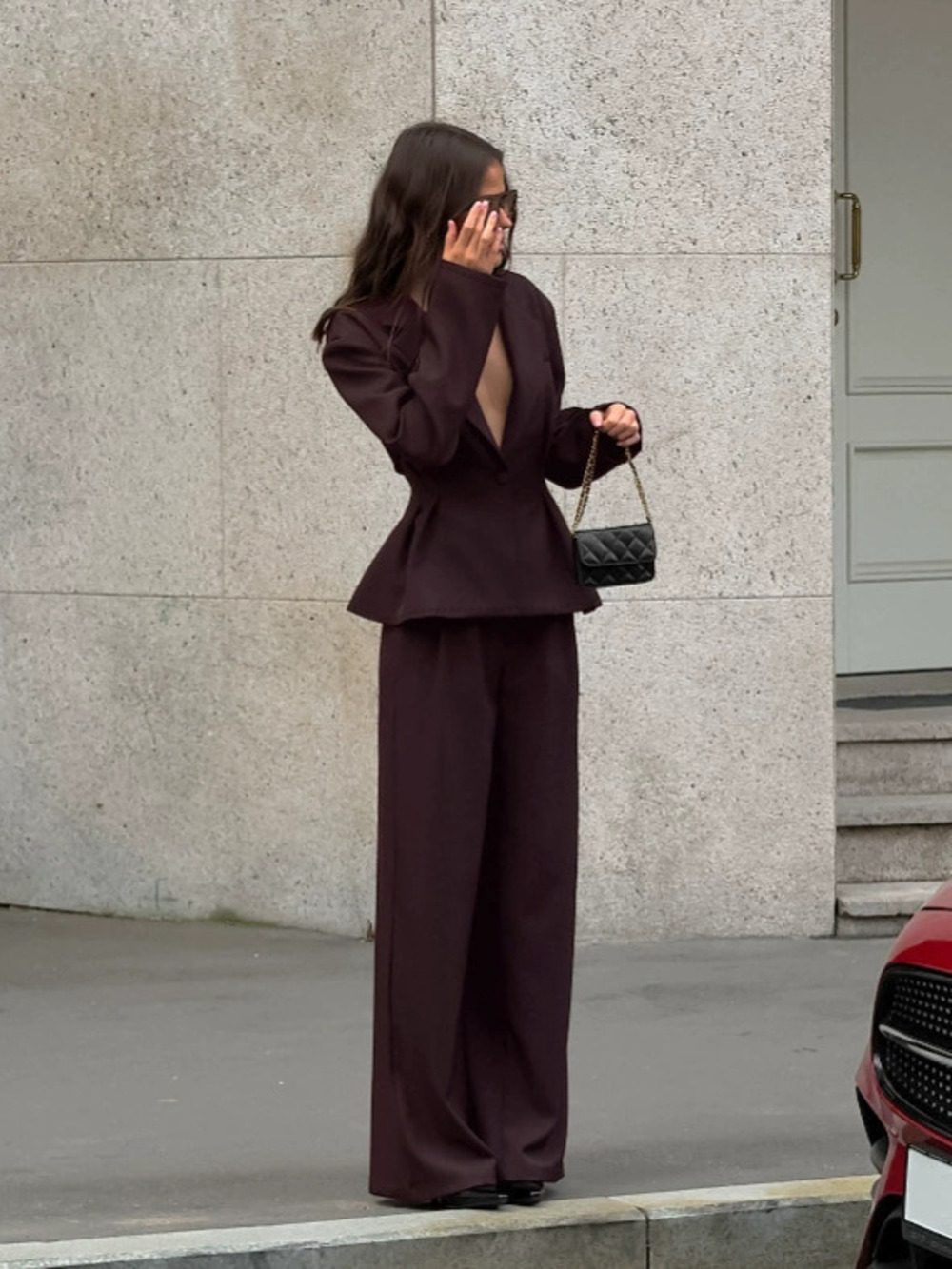Zara Winter Retro Suit Brown Deep Collar Long Sleeve Fitted Jacket Pants 2-Piece - Picture 3 of 8